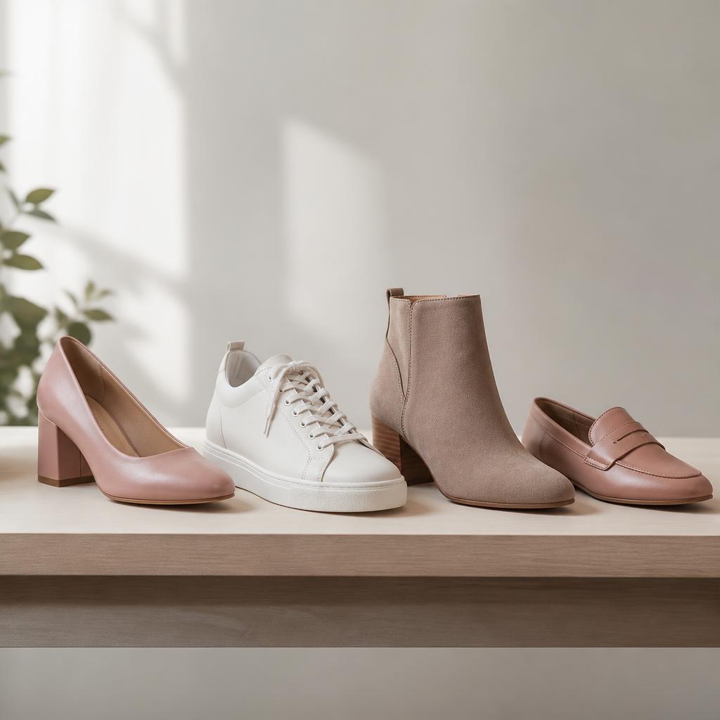 A row of stylish, supportive everyday shoes: a block-heel pump, sneaker, ankle boot and loafer